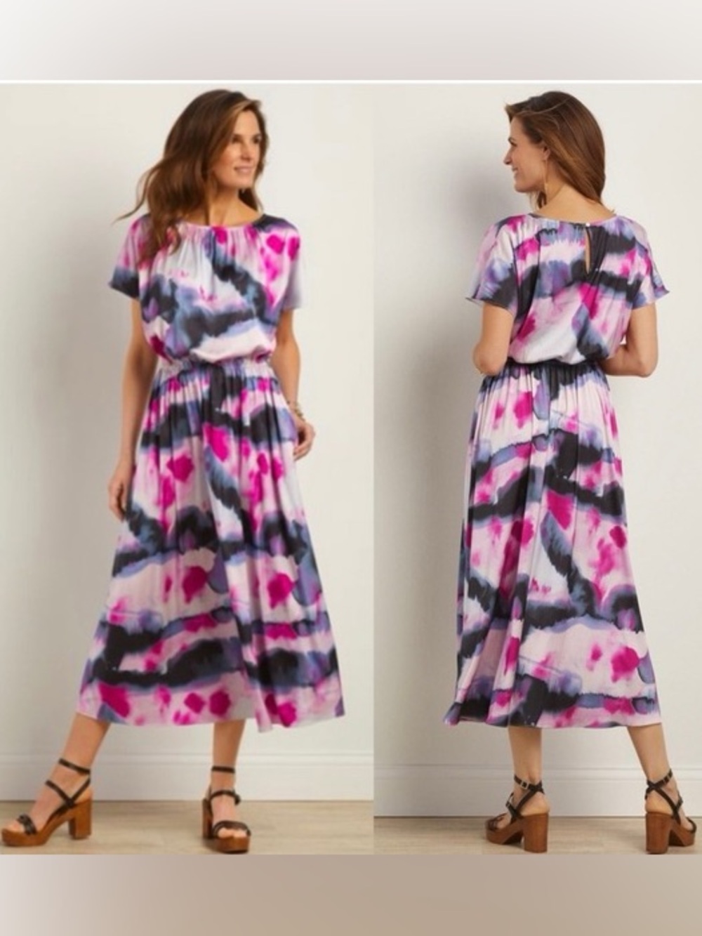Soft Surroundings Abelia Midi Dress in Magenta Multi-Color Pink Purple L Large